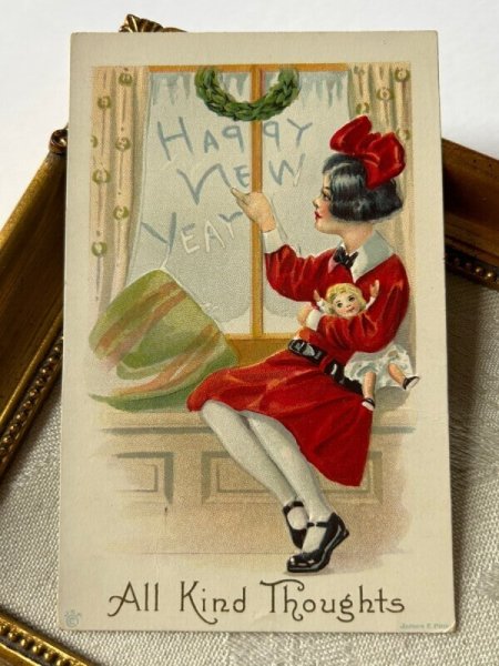 画像2: Postcard   アンティークポストカード  New Year 新年祝い 女の子とお人形 (2)