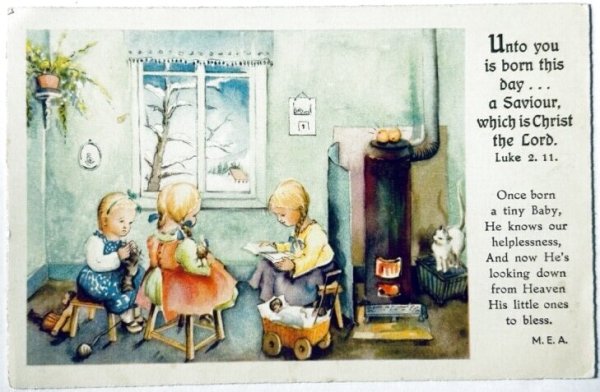 画像1: Postcard  　アンティークポストカード 　冬のおうち時間　編み物　読書　白猫　お人形 (1)
