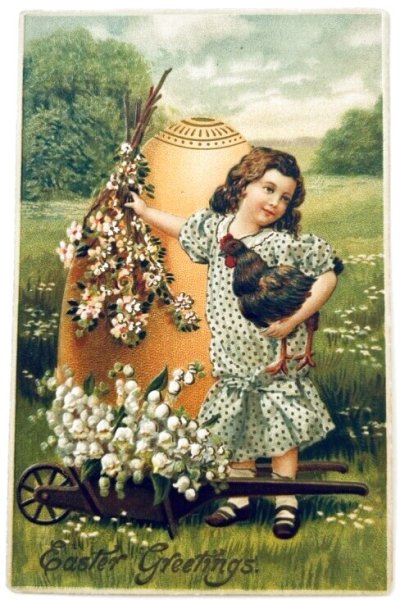 画像1: Postcard　アンティークポストカード　イースター　大きな卵とニワトリを抱く女の子　スズラン　サンザシ (1)