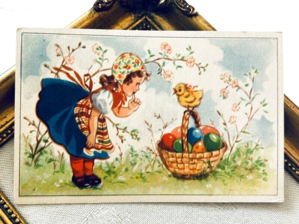 画像2: Postcard アンティークポストカード イースター 卵のバスケットと女の子とヒヨコ フィンランド (2)