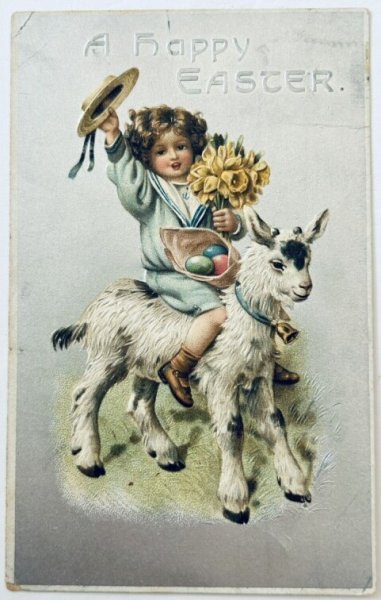 画像1: Postcard　アンティークポストカード　イースター　ヤギに乗る男の子　スイセン　山羊 (1)