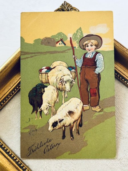 画像2: Postcard アンティークポストカード イースター 卵を運ぶ羊飼いの男の子 (2)