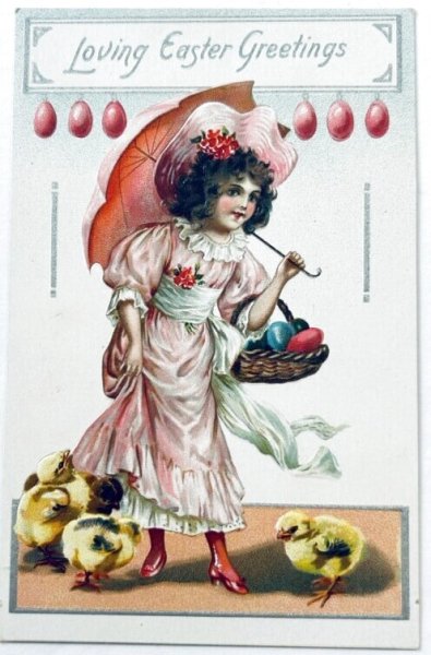 画像1: Postcard  　アンティークポストカード 　イースター　ピンク色のポンなの子とヒヨコ　傘　（未使用） (1)