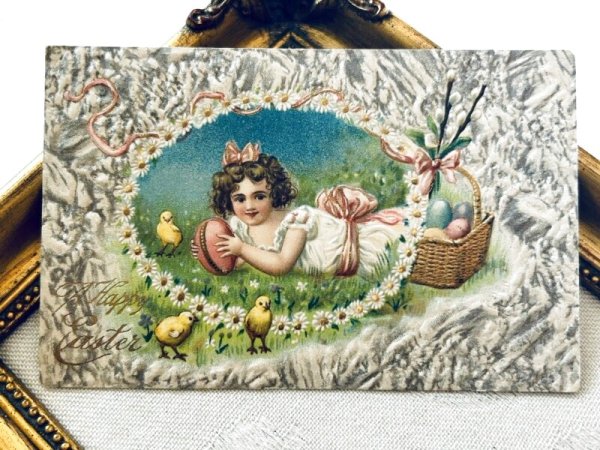 画像2: Postcard アンティークポストカード イースター 卵とヒヨコと女の子 アメリカ1908年 (2)