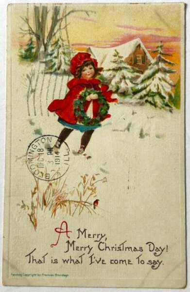 画像1: Postcard　アンティークポストカード　クリスマス　赤ずきんちゃん風の女の子　雪景色　アメリカ1914年 (1)