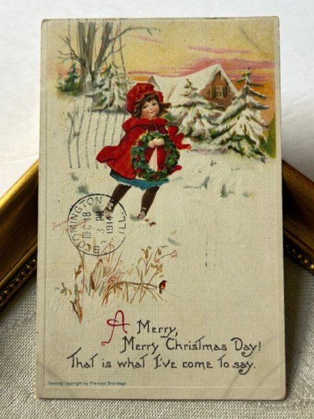 画像2: Postcard アンティークポストカード クリスマス 赤ずきんちゃん風の女の子 雪景色 アメリカ1914年 (2)