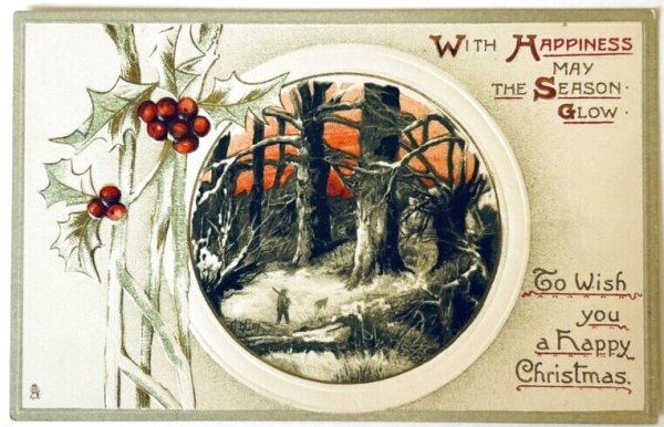 画像1: Postcard　アンティークポストカード　クリスマス　夕闇の狩人と犬　ホーリー　1912年 (1)