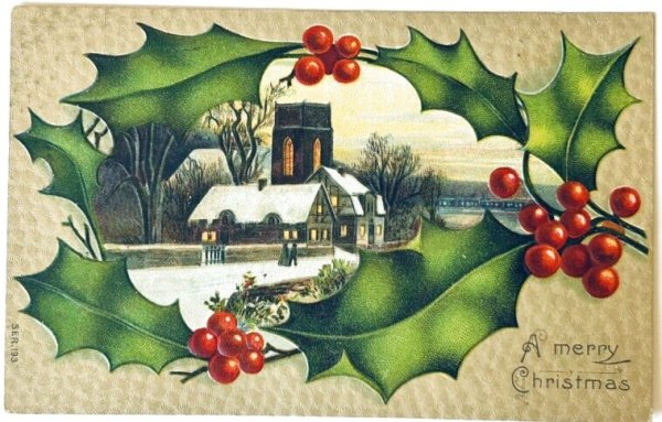画像1: Postcard　アンティークポストカード　クリスマス　雪景色　ホーリー　教会 (1)