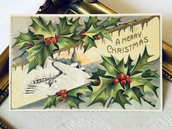 画像2: Postcard アンティークポストカード クリスマス 雪景色 ホーリー  (2)