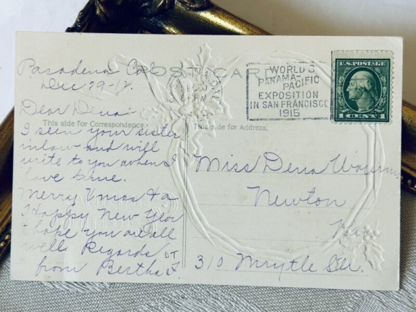 画像3: Postcard アンティークポストカード クリスマス 雪景色 ホーリー リボン 1915年 (3)