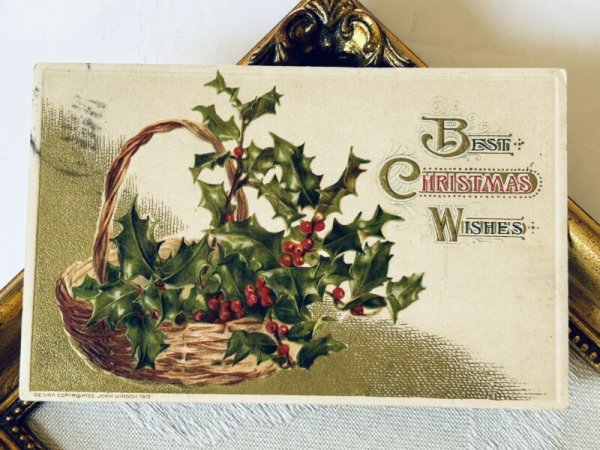 画像2: Postcard アンティークポストカード クリスマス バスケット パニエ ホーリー 1914年 (2)