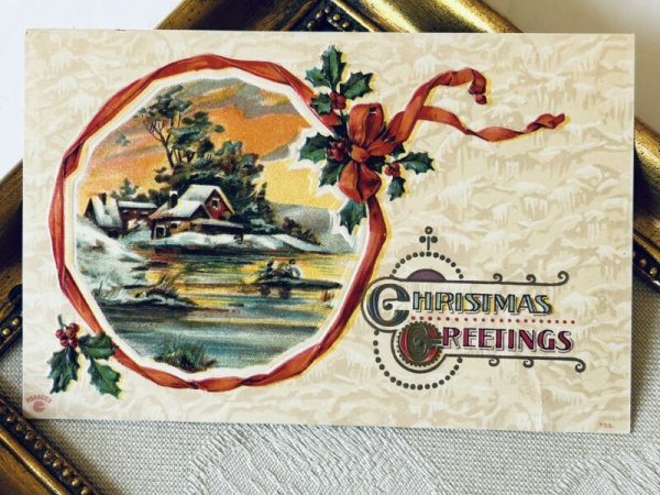 画像2: Postcard アンティークポストカード クリスマス 雪景色 ホーリー リボン 1915年 (2)