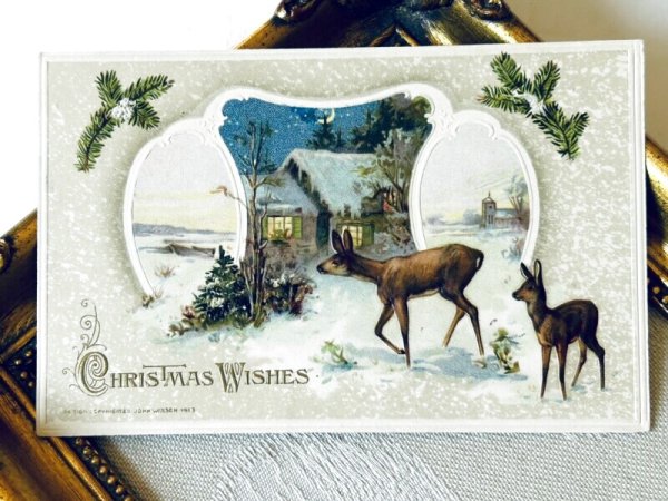 画像2: Postcard アンティークポストカード クリスマス 鹿と雪景色 (2)