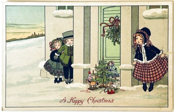 画像1: Postcard　アンティークポストカード　クリスマス　玄関前に置かれたプレゼントと子どもたち　Pauli Ebner (1)