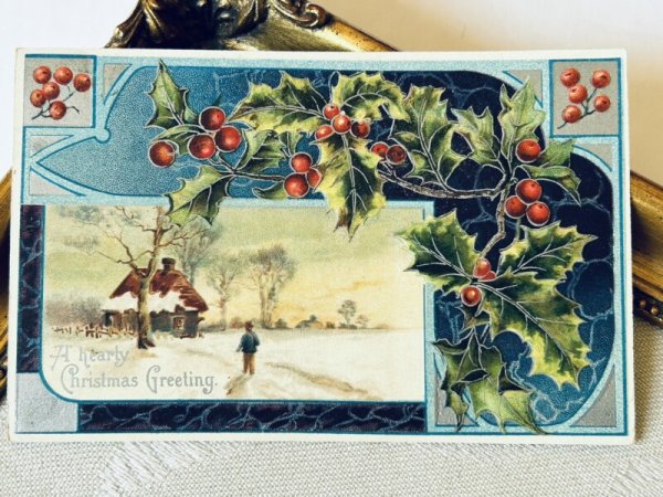 画像2: Postcard アンティークポストカード クリスマス 雪景色とホーリー (2)
