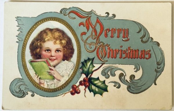 画像1: Postcard　アンティークポストカード　クリスマス　本と女の子　（未使用） (1)
