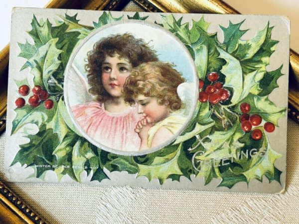 画像2: Postcard アンティークポストカード クリスマス 祈る天使 ホーリー F. Brundage ? (2)