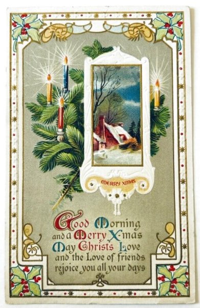 画像1: Postcard　アンティークポストカード　クリスマス　キャンドル　雪景色　家　蝋燭 (1)