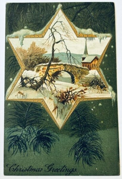 画像1: Postcard　アンティークポストカード　クリスマス　雪景色　石橋　教会　アメリカ1909年 (1)