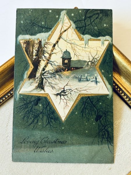 画像2: Postcard　アンティークポストカード　クリスマス　雪景色　夕暮れ　教会　時計　アメリカ1909年 (2)