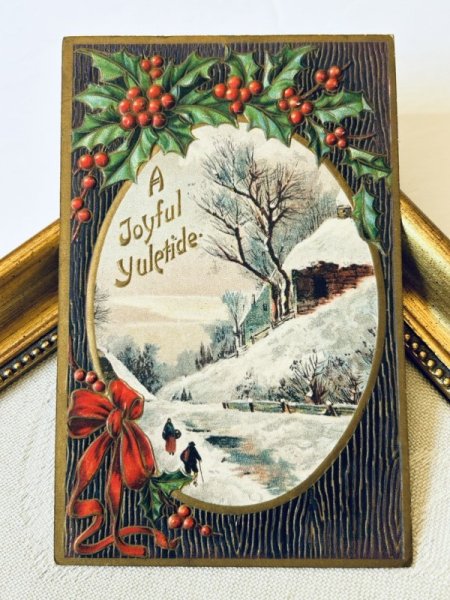 画像2: Postcard アンティークポストカード クリスマス 雪景色  ホーリー リボン アメリカ1912年 (2)