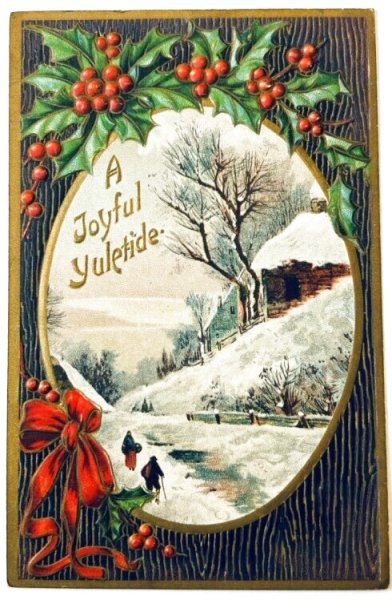 画像1: Postcard　アンティークポストカード　クリスマス　雪景色　　ホーリー　リボン　アメリカ1912年 (1)