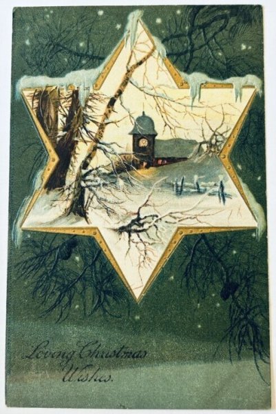 画像1: Postcard　アンティークポストカード　クリスマス　雪景色　夕暮れ　教会　時計　アメリカ1909年 (1)