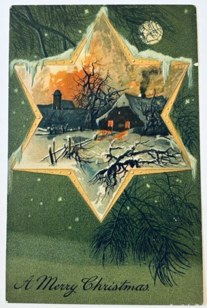 画像1: Postcard　アンティークポストカード　クリスマス　雪景色　　月　アメリカ1908年 (1)