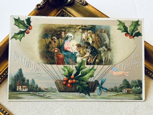 画像2: Postcard アンティークポストカード クリスマス ホーリー 聖母子 飛行船 アメリカ1908年 (2)
