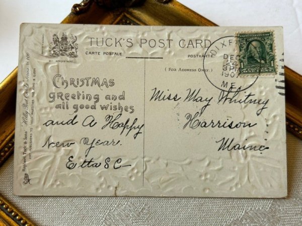 画像3: Postcard　アンティークポストカード　クリスマス　ホーリー　リース　雪景色　リボン　アメリカ1907年 (3)