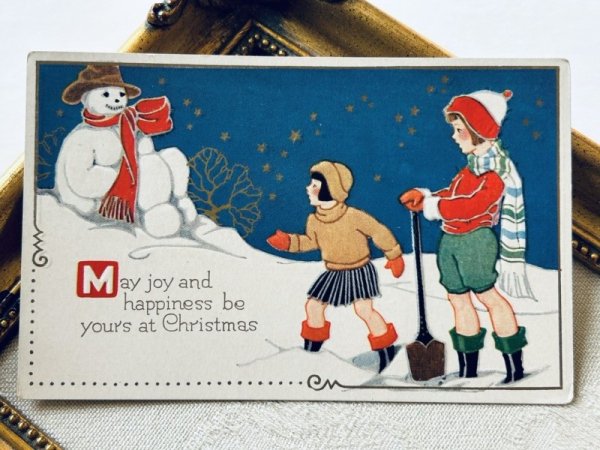 画像2: Postcard アンティークポストカード クリスマス 雪だるまと子どもたち (未使用) (2)