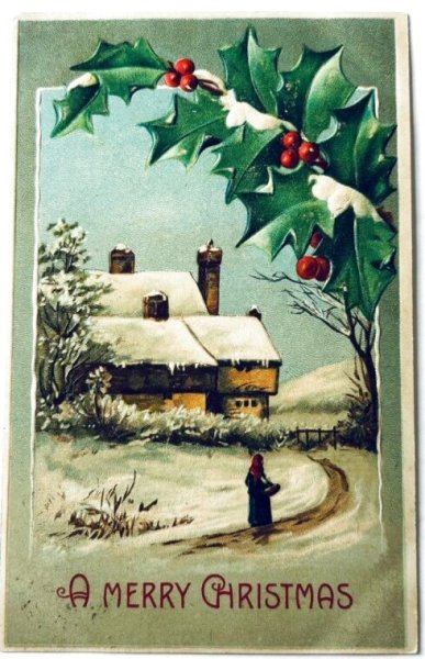 画像1: Postcard　アンティークポストカード　クリスマス　ホーリー　雪景色 (1)