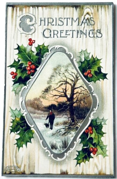 画像1: Postcard　アンティークポストカード　クリスマス　ホーリー　雪景色　犬の散歩　アメリカ1911年 (1)