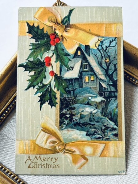 画像2: Postcard アンティークポストカード クリスマス ホーリー リボン 雪景色 (未使用) (2)
