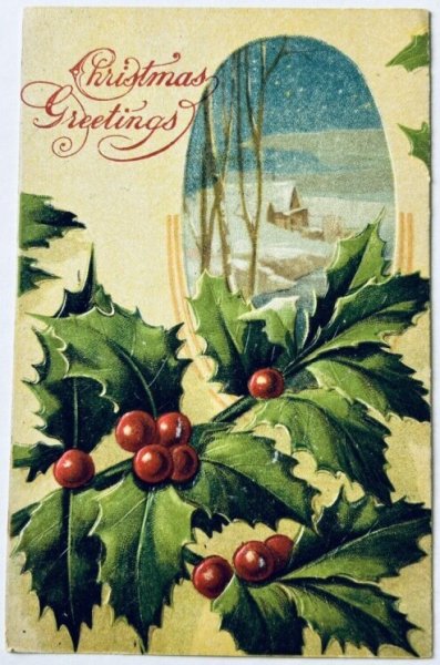 画像1: Postcard　アンティークポストカード　クリスマス　ホーリー　雪景色　1909年 (1)