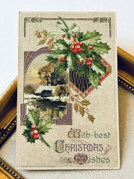 画像2: Postcard アンティークポストカード クリスマス ホーリー 雪景色 アメリカ1912年 (2)