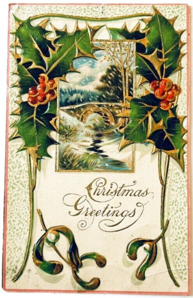 画像1: Postcard　アンティークポストカード　クリスマス　ホーリー　ヤドリギ　雪景色 (1)
