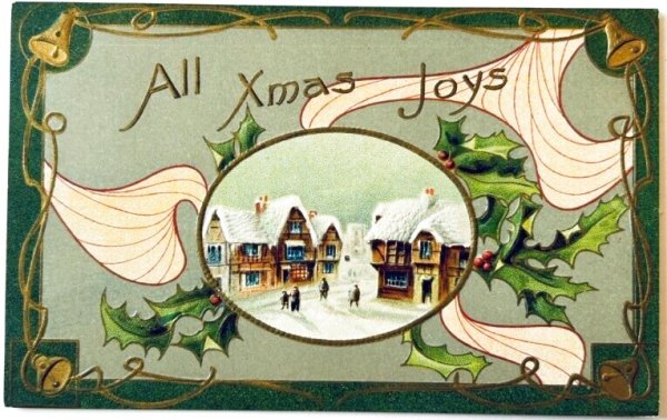 画像1: Postcard　アンティークポストカード　クリスマス　ホーリー　雪景色　ベル (1)