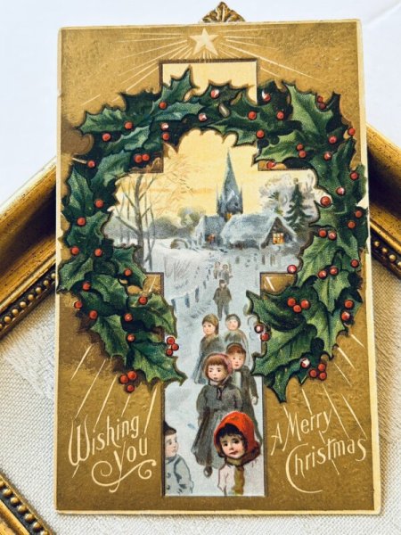 画像2: Postcard アンティークポストカード クリスマス ホーリー 教会と子どもたち (2)