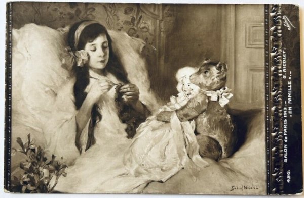 画像1: Postcard　アンティークポストカード　クロシェ　編み物をする女の子　テディベア　お人形　フランス (1)