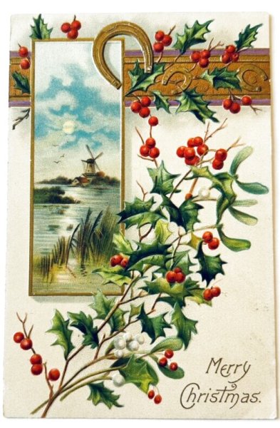 画像1: Postcard　アンティークポストカード　クリスマス　ホーリー　ヤドリギ　馬蹄　風車小屋 (1)