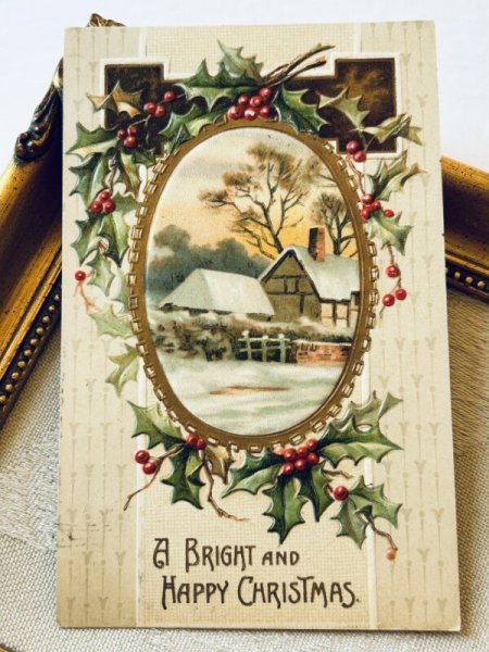 画像2: Postcard アンティークポストカード クリスマス ホーリー 雪景色 アメリカ1909年 (2)