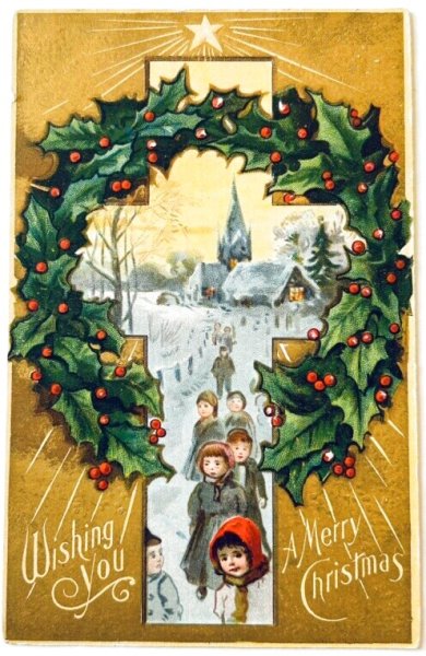 画像1: Postcard　アンティークポストカード　クリスマス　ホーリー　教会と子どもたち (1)