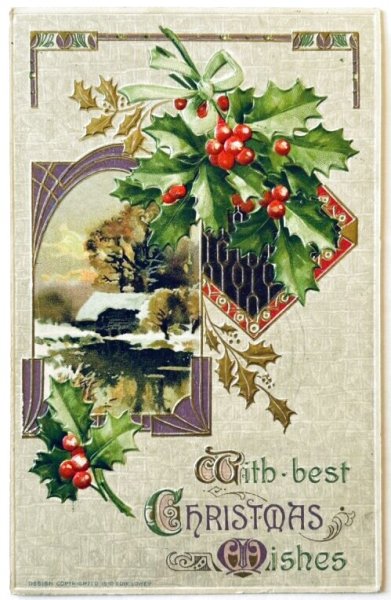 画像1: Postcard　アンティークポストカード　クリスマス　ホーリー　雪景色　アメリカ1912年 (1)