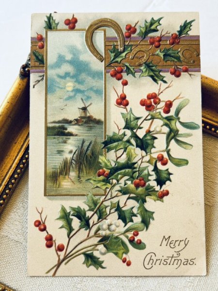 画像2: Postcard アンティークポストカード クリスマス ホーリー ヤドリギ 馬蹄 風車小屋 (2)