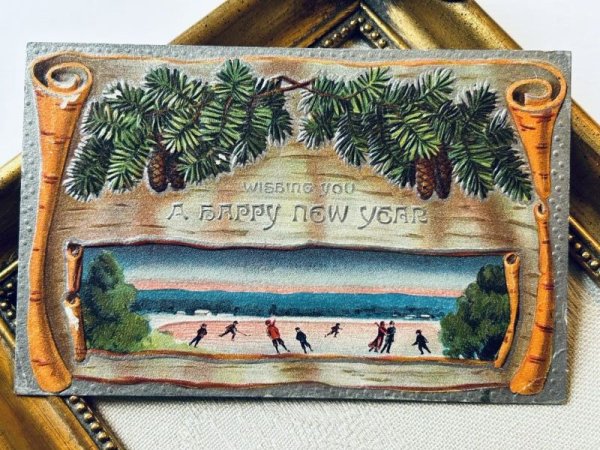 画像2: Postcard アンティークポストカード クリスマス 松ぼっくり 夕日 アイススケート (2)