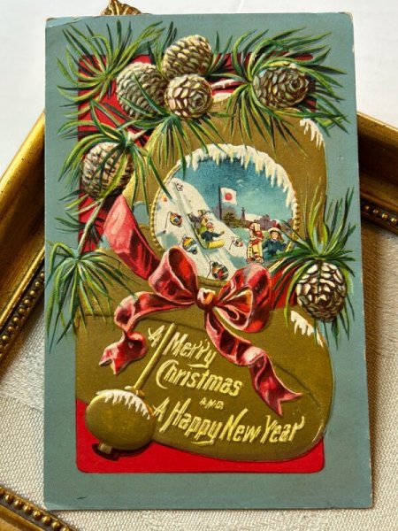 画像2: Postcard アンティークポストカード クリスマス 新年祝い 松ぼっくり 日本国旗 (2)