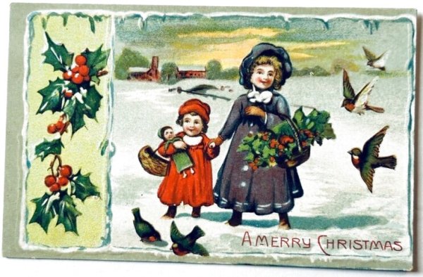 画像1: Postcard　アンティークポストカード　クリスマス　女の子と小鳥　ロビン　（未使用） (1)