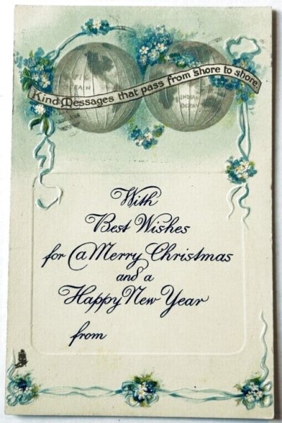 画像1: Postcard　アンティークポストカード　クリスマス　新年祝い　忘れな草のお花　地球 (1)