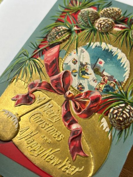 画像4: Postcard アンティークポストカード クリスマス 新年祝い 松ぼっくり 日本国旗 (4)